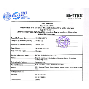 FlinInfini Lite 2kW – IEC 61727, 62116 – Test Report